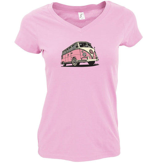 Orchid Pink V-Neck T-Shirt Ladies VW Bus