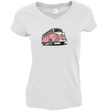 White V-Neck T-Shirt Ladies VW Bus